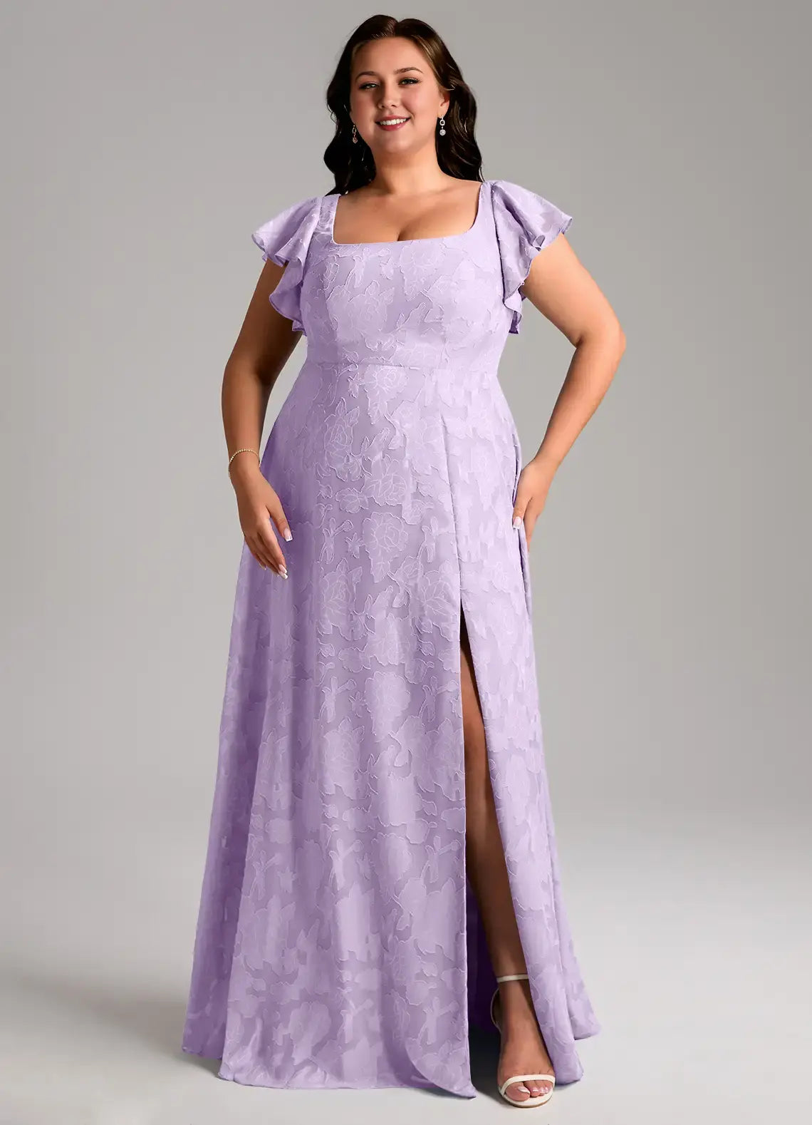 Wedding Guests Dresses Lilac Modern A-Line Square Neck Ruffles Flutter Sleeve Side Slit Floral Jacquard Backless Romantic Plus Size Formal Dress Discount Hot Sale Prom Dress