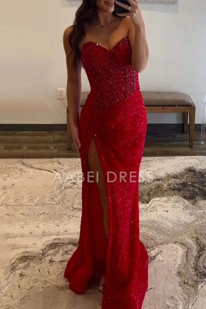 AABEI DRESS Prom Dress Sparkly Mermaid Sweetheart Side Fork Long With Beading Gorgeous Formal Dress