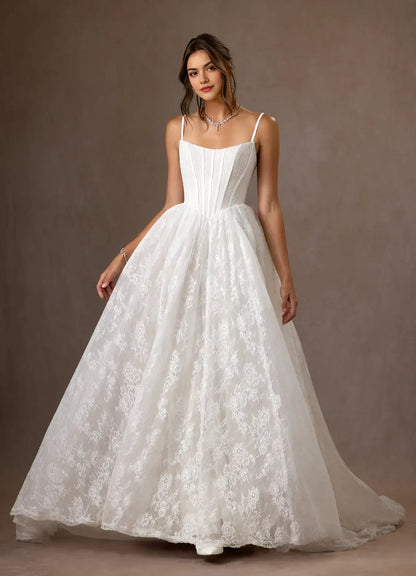 Romantic White A Line Detachable Spaghetti Strap Sleeveless Lace Backless Retro Hot Sale Wedding Dress
