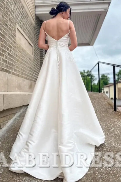 AABEI DRESS Elegant Charming Wedding Dress A-Line Deep V-Neck Spaghetti Strap Long Appliques Formal Dresses