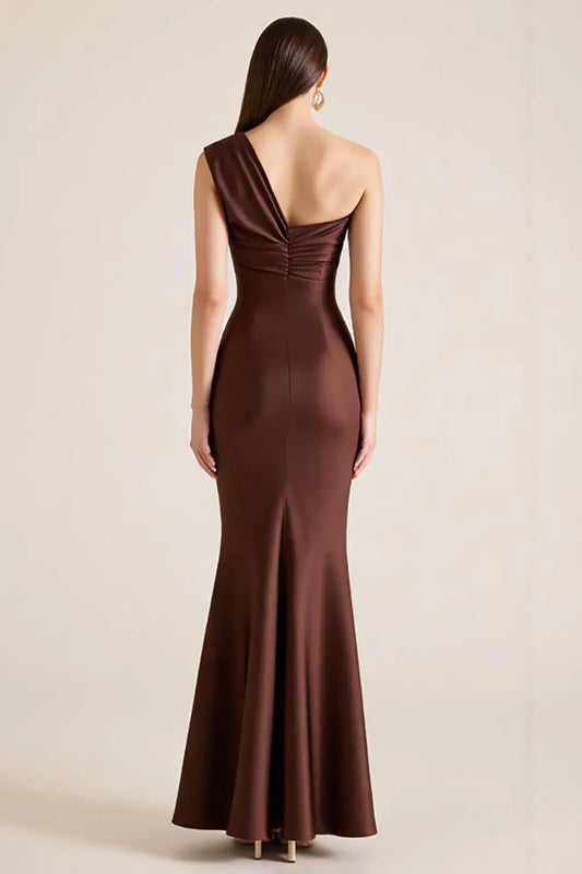 Dark Brown One Shoulder Sleeveless Satin Mermaid Long Wedding Guest Dress Elegant Evening Dresses