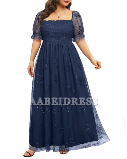 Prom Dress Plus Size Sequin Tulle Bridesmaid Square Neck Long Dress Romantic Wedding Guest Dresses Formal Wear Dresses