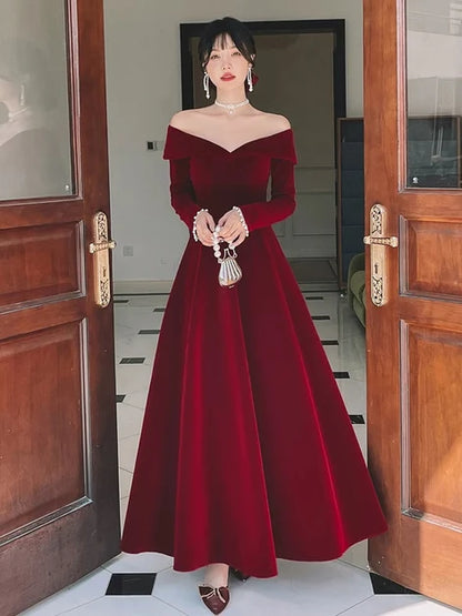 Elegant A-line Off Shoulder Long Sleeve Lace Up Long Bridesmaid Gown