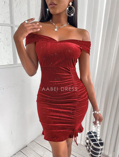 AABEI DRESS New Homecoming Dress Sheath Sequin Cocktail Chrismas Dress Sleeveless Off Shoulder Ruffles Dress Charming Short Prom Dresses