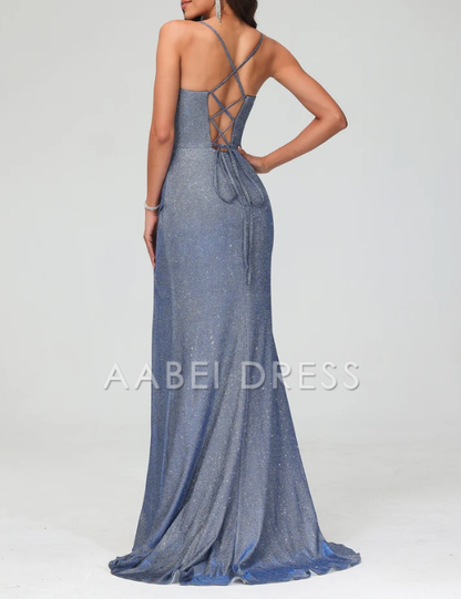 AABEI DRESS Sheath Spaghetti Strap Sleeveless Pleated Sheath Glitter Sweep Train High Slit Backless High Quality Evening Dress