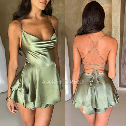 AABEI DRESS New Homecoming Dress Spaghetti Strap Sexy Backless Slimming Show Solid Color Slimming Short Party Dress