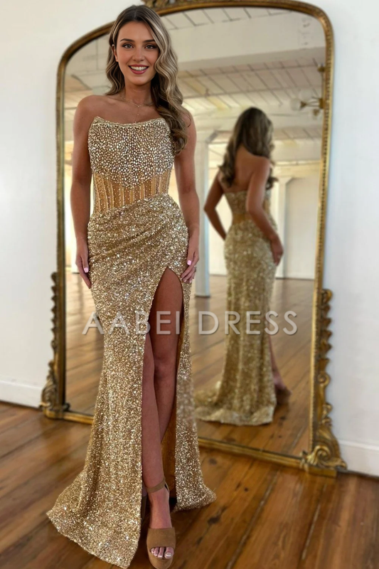 AABEI DRESS Prom Dress Sparkly Luxurious Mermaid Strapless Long With Beading Slit Charming Formal Dress