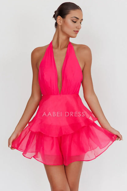 A Line Low-Cut Deep V-Neck Halter Tiered Ruffles Backless Bright Pink Charming Mini Dress Hot Sale Homecoming Dress