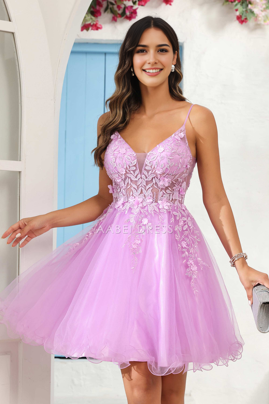 AABEI DRESS Short Dress Exquisite A Line V Neck See-Through Applique Tulle Backless New Homecoming Dress