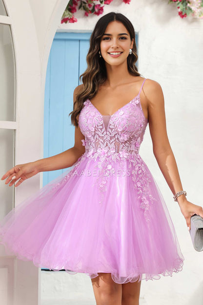 AABEI DRESS Short Dress Exquisite A Line V Neck See-Through Applique Tulle Backless New Homecoming Dress