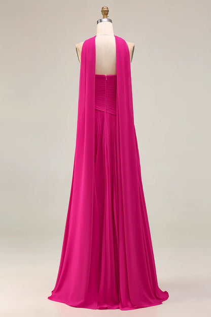 Trendy Prom Dress Fuchsia A Line Strapless Pleated Sweetheart Neck With Scarf Sleeveless Backless Bargain Long Wedding Guest Dress