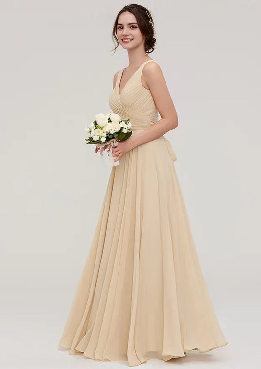 Classic Champagne Chiffon A-line V Neck Sleeveless With Sashes Pleated Affordable Floor-Length Bridesmaid Dress