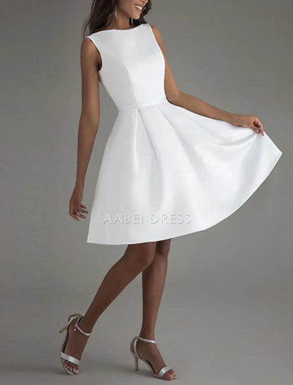 AABEI DRESS New Homecoming Dress A-Line Cocktail Dresses Minimalist Dress Wedding Guest Knee Length Sleeveless Boat Neck Satin V Back with Sleek Bow(s) Pure Color Simple Prom Dresse