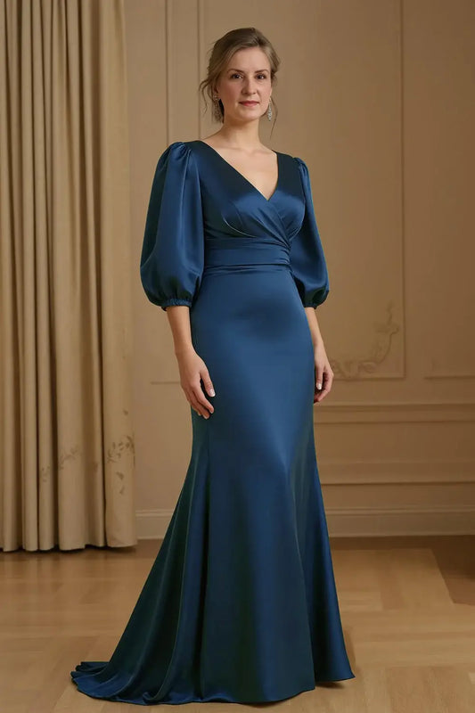 Navy Satin Mermaid V-Neck with 3/4 Long Sleeve Elegant Long Wedding Guest Dress Hot Sale Mother of the Bride Dresses