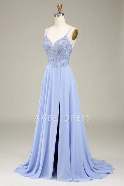 AABEI DRESS Hot Sale Prom Dress A-Line Spaghetti Strap Backless Side Fork With Appliques Long Formal Dress