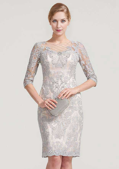 Exquisite Wedding Guest Dresses Silver Chiffon Sheath/Column Boat Neck Half Sleeve Lace Applique Beading With Jacket Two-Piece Knee-Length Bargain Mother of the Bride Dress