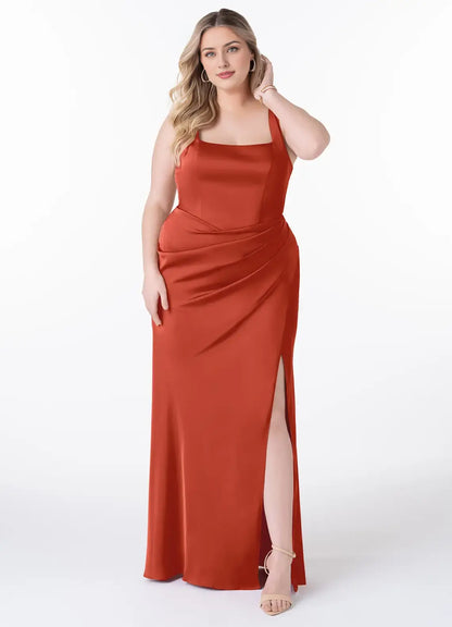 Wedding Guests Dresses Rust Charming Mermaid Wide Shoulder Straps Square Neck Sleeveless Pleated Side Fork Backless Chic Plus Size Formal Dress Discount Hot Sale Prom Dress