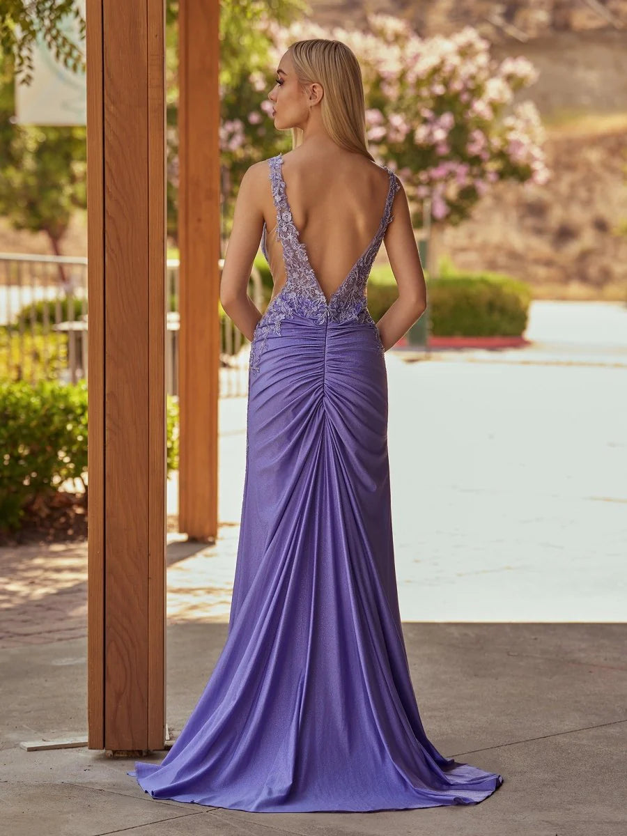 Lavender Purple Charming Mermaid Deep V Neck High Slit with Lace Appliques Backless Sparkle Wedding Guest Dress Long Hot Sale Prom Dresses