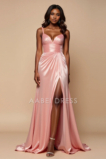 AABEI DRESS Hot Sale Prom Dress Elegant A Line Spaghetti Strap Sweetheart Ruched With Slit Long Formal Dress