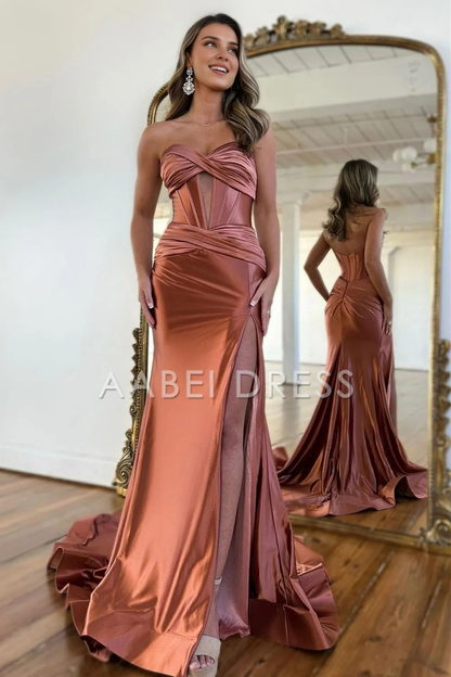 AABEI DRESS Prom Dress Elegant Satin Mermaid Strapless Long With Split Sweep Train Fashion Formal Dress