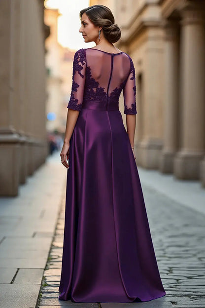 Wedding Guest Dress High Grade Purple Satin A Line Boat Collar 3/4 Long Sleeve with Lace Appliques Fashion Hot Sale Long Mother of the Bride Dress