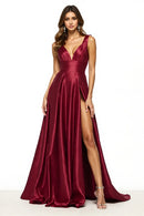 Elegant Satin Burgundy A Line V-Neck Wide Shoulder Straps Sleeveless Pleated with Slit Long Formal Dress Hot Sale Evening Dresses
