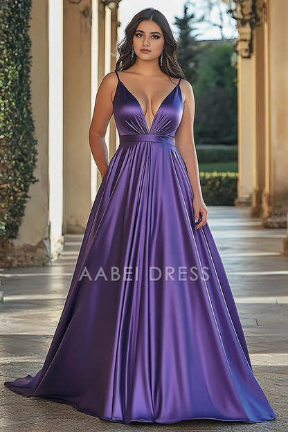AABEI DRESS Hot Sale Prom Dress Elegant A Line Deep V-Neck Spaghetti Strap Satin Long Formal Dress