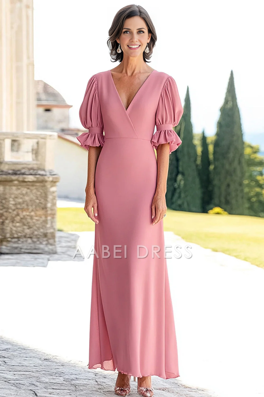 AABEI DRESS Mother Of The Bride Dress V-Neck A Line Chiffon Half Sleeves Elegant Formal Wear Dresses