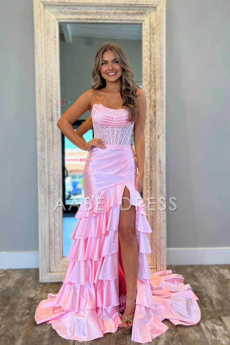 AABEI DRESS Prom Dress Strapless Scoop Layered Pleated Mermaid Side Fork Elegant Formal Dress