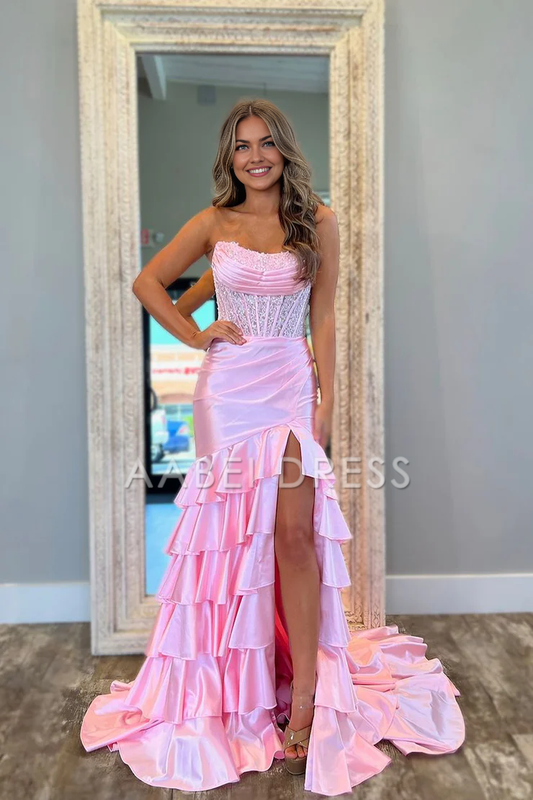 AABEI DRESS Prom Dress Strapless Scoop Layered Pleated Mermaid Side Fork Elegant Formal Dress