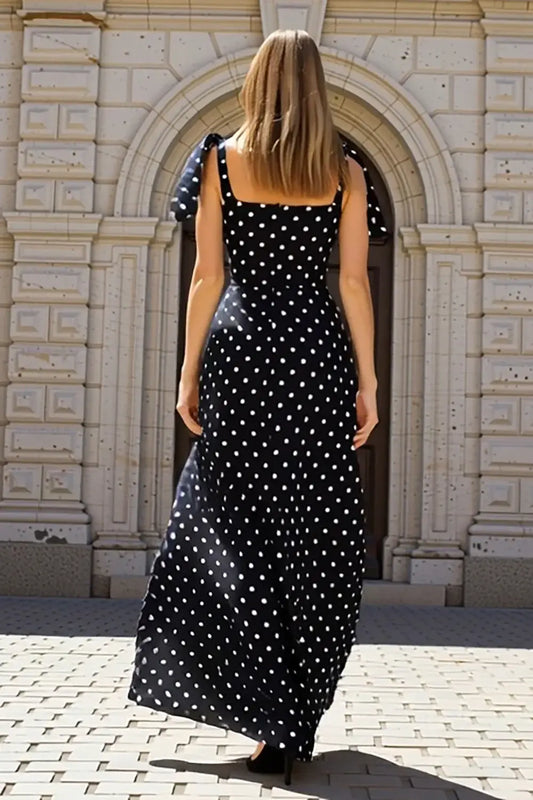 Exquisite Prom Dress Black White Polka Dots Sheath Square Neck Bows Shoulder Sleeveless Bargain Long Wedding Guest Dress