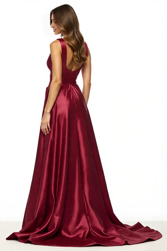Elegant Satin Burgundy A Line V-Neck Wide Shoulder Straps Sleeveless Pleated with Slit Long Formal Dress Hot Sale Evening Dresses
