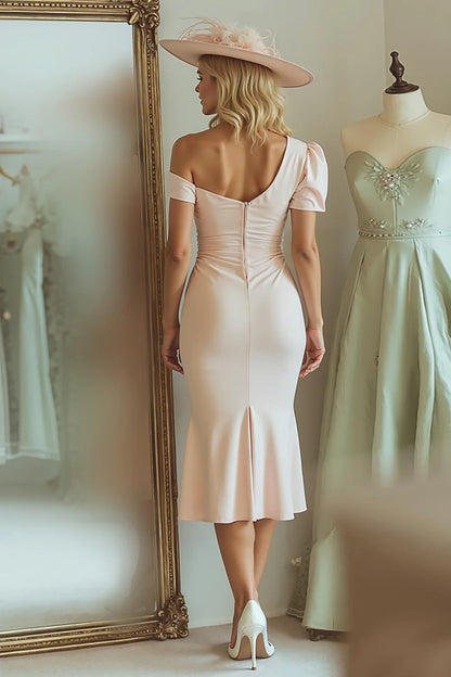 Light Pink Elegant Mermaid One Shoulder Sweetheart Neckline Short Sleeves Pleated Waist Backless Wedding Guest Dress For Women New Style Mother of the Bride Dress
