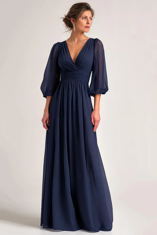 Elegant Simple Navy Chiffon A Line V-Neck Pleated Lantern Long Sleeves Backless Wedding Guest Dress For Women New Style Mother of the Bride Dress