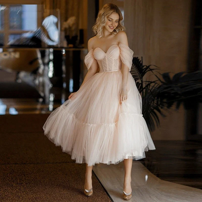 Evening Dress A Line Sweetheart Off Shoulder Tulle Tea Length Backless Tea-Length Elegant Formal Women's Dresses