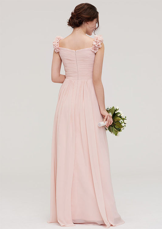 Pink Chiffon A-line Sweetheart Shoulder 3D Flower Sleeveless With Pleated Affordable Floor-Length Bridesmaid Dress