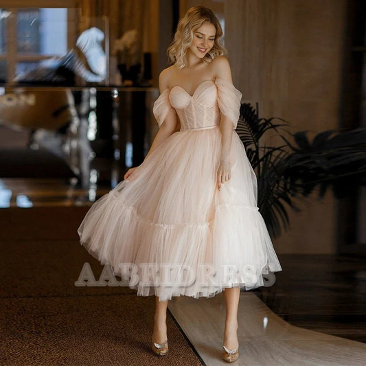 Evening Dress A Line Sweetheart Off Shoulder Tulle Tea Length Backless Tea-Length Elegant Formal Women's Dresses
