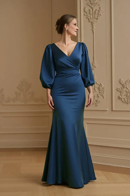 Navy Satin Mermaid V-Neck with 3/4 Long Sleeve Elegant Long Wedding Guest Dress Hot Sale Mother of the Bride Dresses