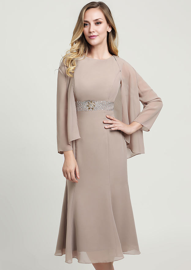 Exquisite Wedding Guest Dresses Chiffon Mermaid Bateau Sleeveless Beading With Long Sleeves Jacket Two-Piece Tea-Length Bargain Mother of the Bride Dress