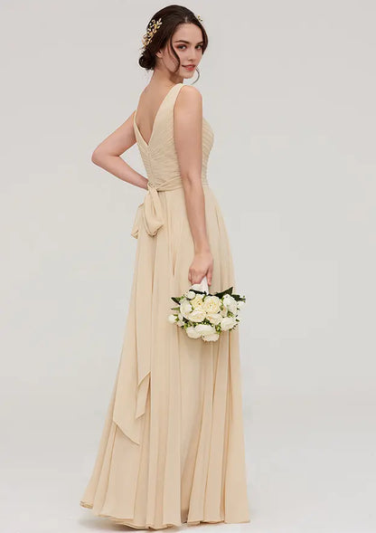Classic Champagne Chiffon A-line V Neck Sleeveless With Sashes Pleated Affordable Floor-Length Bridesmaid Dress
