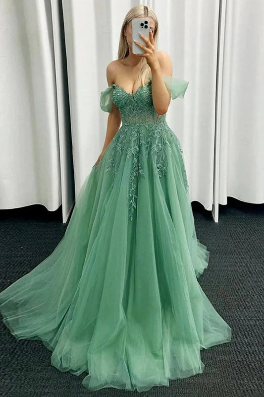 Mint Green Romantic Tulle A Line Off the Shoulder Sweetheart Neckline with Lace Appliques Exquisite Wedding Guest Dress Long Hot Sale Prom Dresses