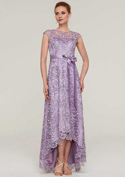 Vintage Wedding Guest Dresses A-line Purple Lace Boat Neck Sleeveless With Sashes Asymmetrical Hem Bargain Mother of the Bride Dress