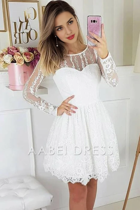 AABEI DRESS New Homecoming Dress A-Line Round Neck Long Sleeves Lace Elegant Party Dress Short Prom Dress