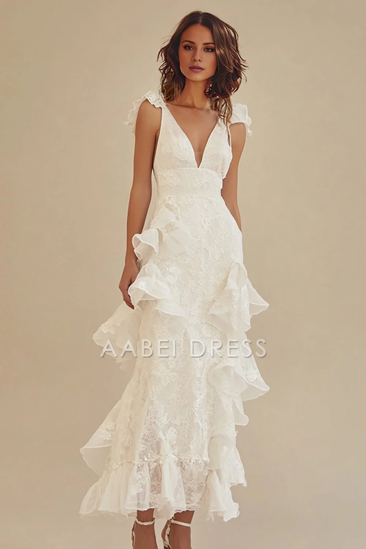 AABEI DRESS Hot Sale Homecoming Dress A-Line V-Neck Ankle Length Lace Ruffles Fashion Graduation Dress