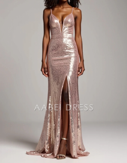 AABEI DRESS Hot Sale Prom Dress Sparkly Sheath Deep V Neck Spaghetti Strap Backless Long With Sequins Formal Dress
