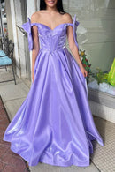 AABEI DRESS Prom Dress Elegant A Line Sweetheart Off the Shoulder Satin with Cute Bow Formal Dress
