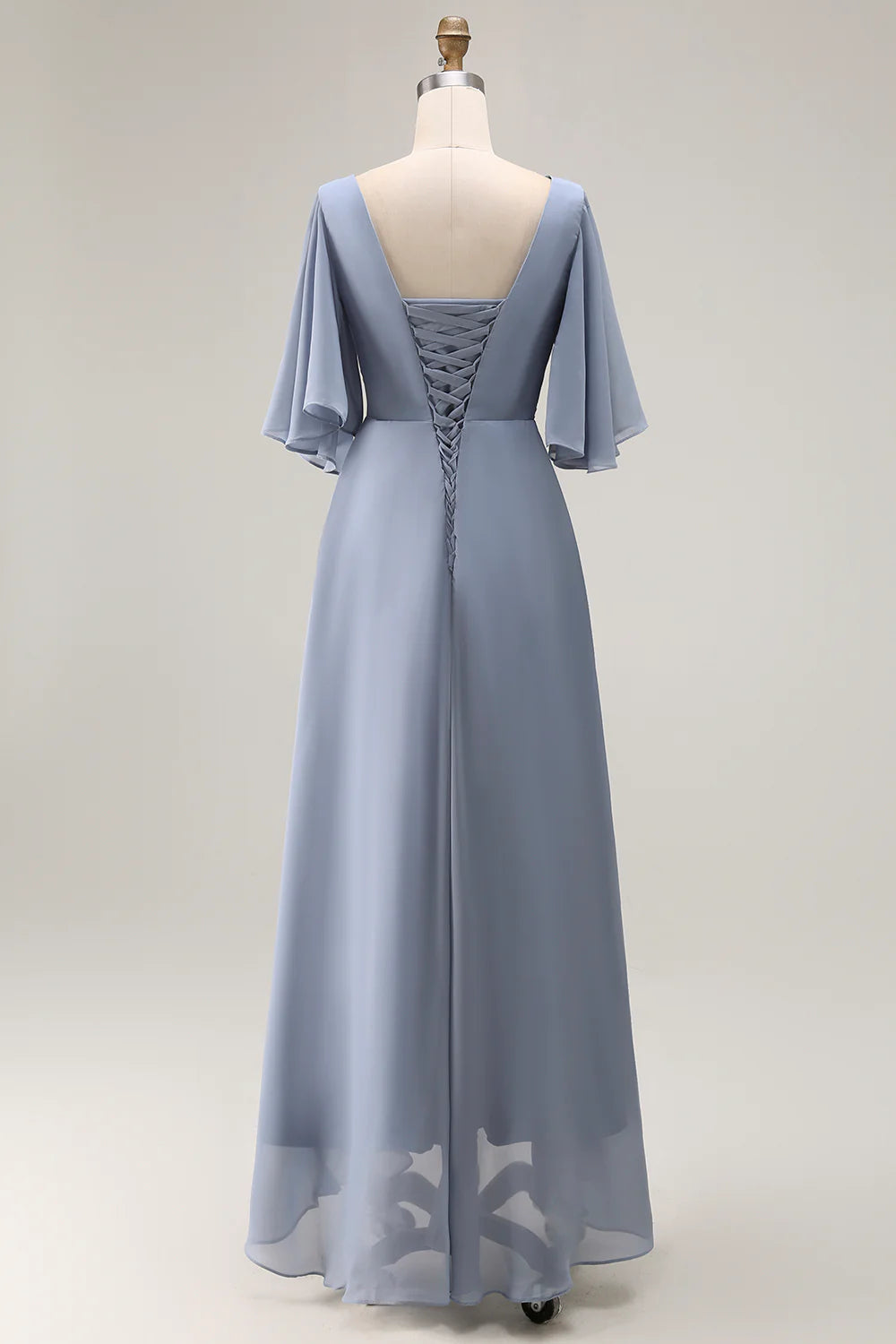 Wedding Guest Dress Dusty Blue A Line Asymmetrical V Neck Tiers Ruched Hem Flutter Sleeves Pleated Beadwork Backless Elegant Long Mother of the Bride Dress