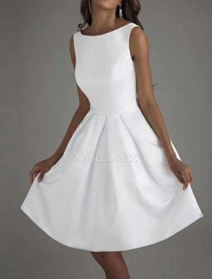 AABEI DRESS New Homecoming Dress A-Line Cocktail Dresses Minimalist Dress Wedding Guest Knee Length Sleeveless Boat Neck Satin V Back with Sleek Bow(s) Pure Color Simple Prom Dresse