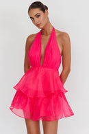 A Line Low-Cut Deep V-Neck Halter Tiered Ruffles Backless Bright Pink Charming Mini Dress Hot Sale Homecoming Dress