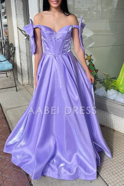 AABEI DRESS Prom Dress Elegant A Line Sweetheart Off the Shoulder Satin with Cute Bow Formal Dress
